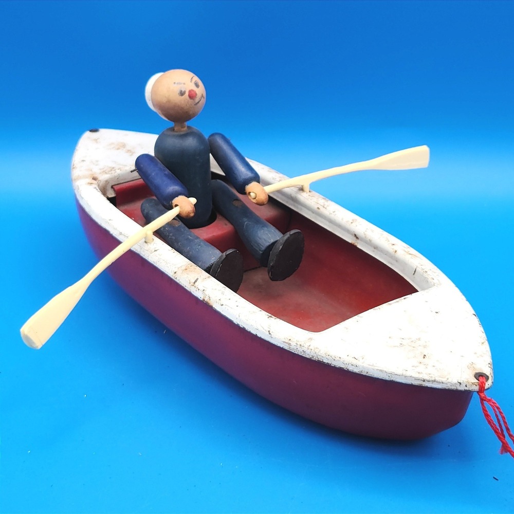 Vintage Woodette Coast Guard Row Boat with Wooden Sailor Figure & Oars Red White